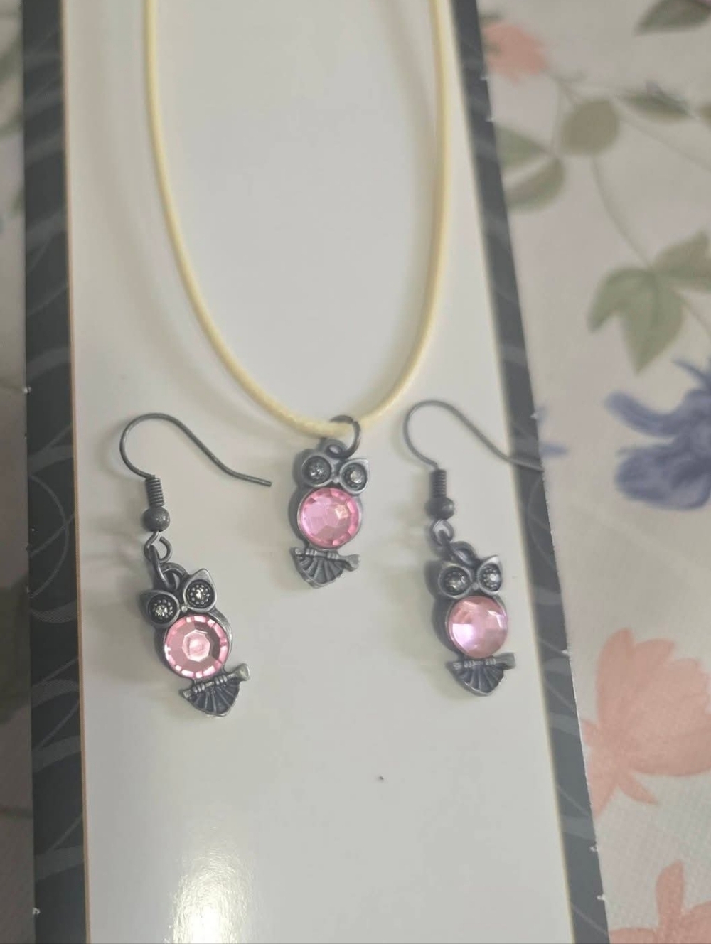 Pink  Owl Pendant Necklace and Earring Set